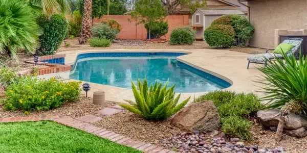 nicely landscaped back yard next to pool